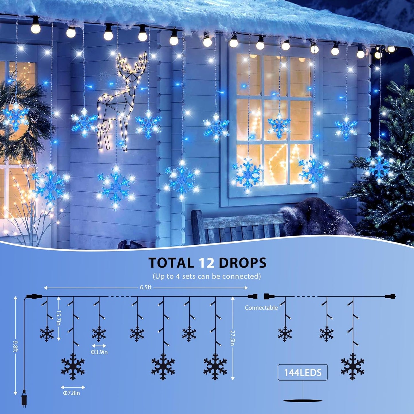 Christmas_Snowflake_Icicle_Lights,6.5ft_144LED_Curtain_Lights_with_12_Drops,Timer_8_Modes_Connectable,Waterproof_Fairy_Light_for_Eaves,_Garden,_Indoor_Outdoor_Xmas_Decoration_(Blue_White)