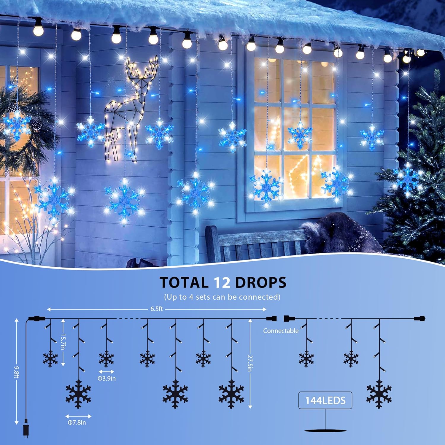 Christmas_Snowflake_Icicle_Lights,6.5ft_144LED_Curtain_Lights_with_12_Drops,Timer_8_Modes_Connectable,Waterproof_Fairy_Light_for_Eaves,_Garden,_Indoor_Outdoor_Xmas_Decoration_(Blue_White)
