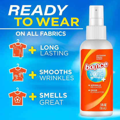 Bounce Anti Static Spray, 3 in 1 Instant Anti Static Spray & Instant Wrinkle Release, Odor Eliminator & Fabric Refresher, Travel Size (3 Oz,Pack of 3)