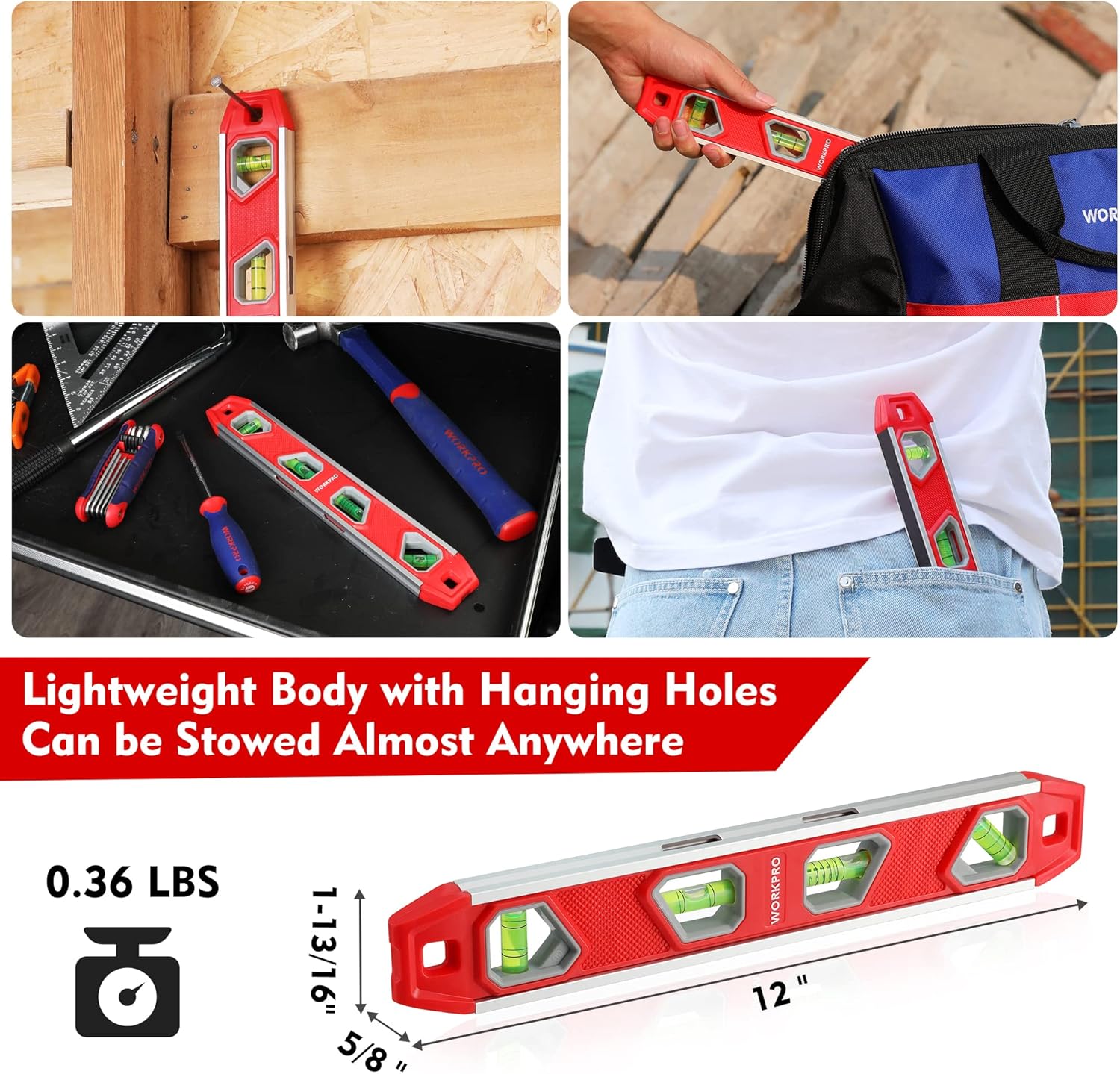 WORKPRO_12_Inch_Torpedo_Level,_Magnetic_Small_Leveler_Tool,_Plumbing_Level_with_Pitch_Vial,_Aluminum_Reinforced,_4_Bubbles,_V-Groove_for_Conduit_Bending