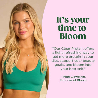 Bloom Clear Protein, Whey Protein Isolate with Collagen Peptides and Digestive Enzymes, 20g Protein, Sugar Free Post Workout Drink Mix, 90 Calories, 10 Servings