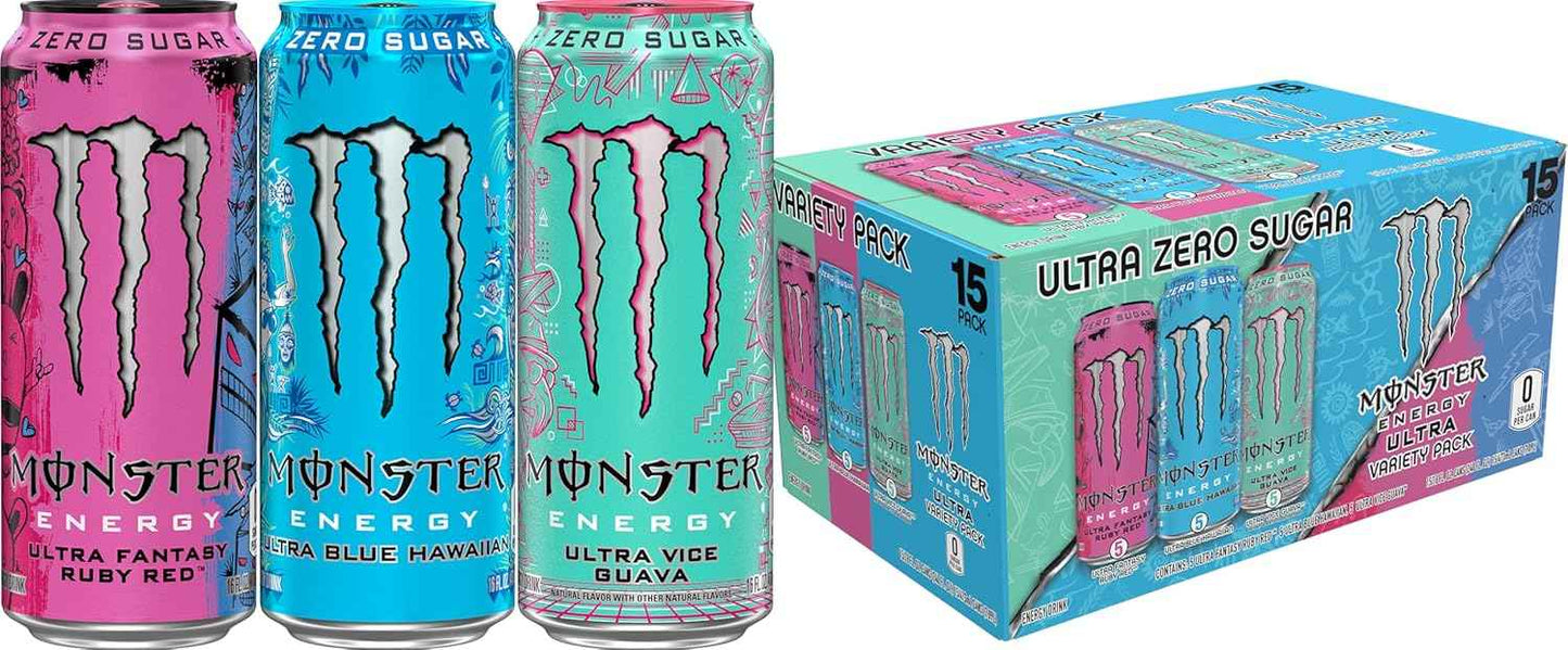 Monster Energy Ultra Variety Pack, Blue Hawaiian, Ultra Vice Guava, Ultra Fantasy Ruby Red, Sugar Free Energy Drink, 16 Ounce Can (Pack of 15)