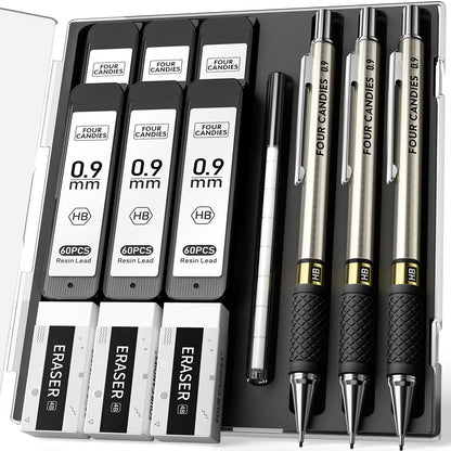3PCS Metal Mechanical Pencil Set with 0.9mm Bold Point, 360 Leads, 12 Erasers, Art Mechanical Pencils Pack with Storage Case for School Writing, Sketching, Drawing &amp;amp; Professional Drafting