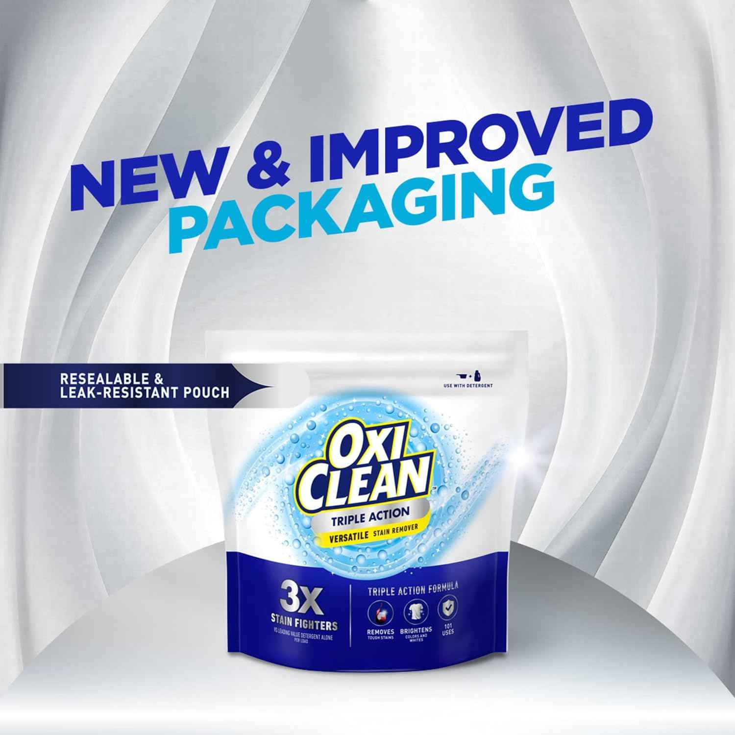 OxiClean Triple Action Versatile Stain Remover Powder, Use with Detergent, Removes Tough Stains like Grease, Blood and Grass, Brightens Colors and Whites, Chlorine Free