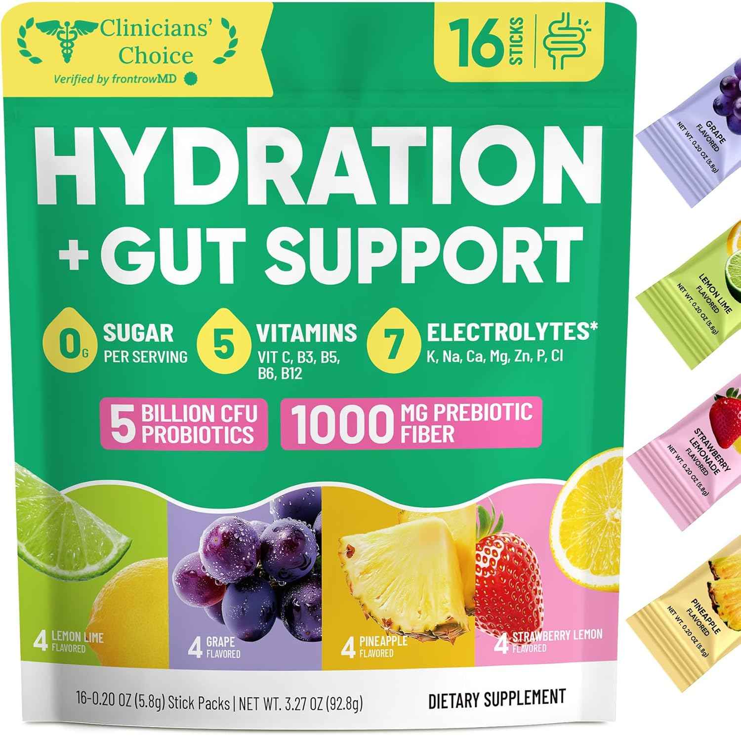 Venture Pal 2-in-1 Hydration Packets + Gut Health Electrolytes Powder - 7 Electrolytes & 5 Vitamins, Probiotics - Sugar Free Liquid Daily IV Drink Mix for Dehydration Relief | Non-GMO | 16 Sticks