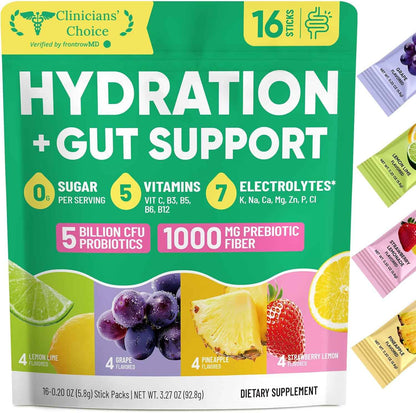 Venture Pal 2-in-1 Hydration Packets + Gut Health Electrolytes Powder - 7 Electrolytes & 5 Vitamins, Probiotics - Sugar Free Liquid Daily IV Drink Mix for Dehydration Relief | Non-GMO | 16 Sticks