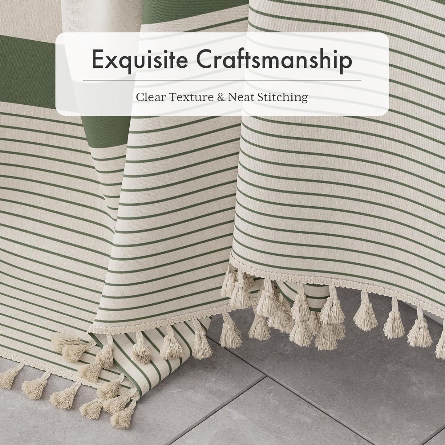 AmazerBath_Boho_Shower_Curtain,_Modern_Farmhouse_Shower_Curtain_Set_with_Tassels,_Rustic_Faux_Linen_Green_Striped_Shower_Curtain_with_Hooks,_Light_Tan_Toned,_72x72_Inches