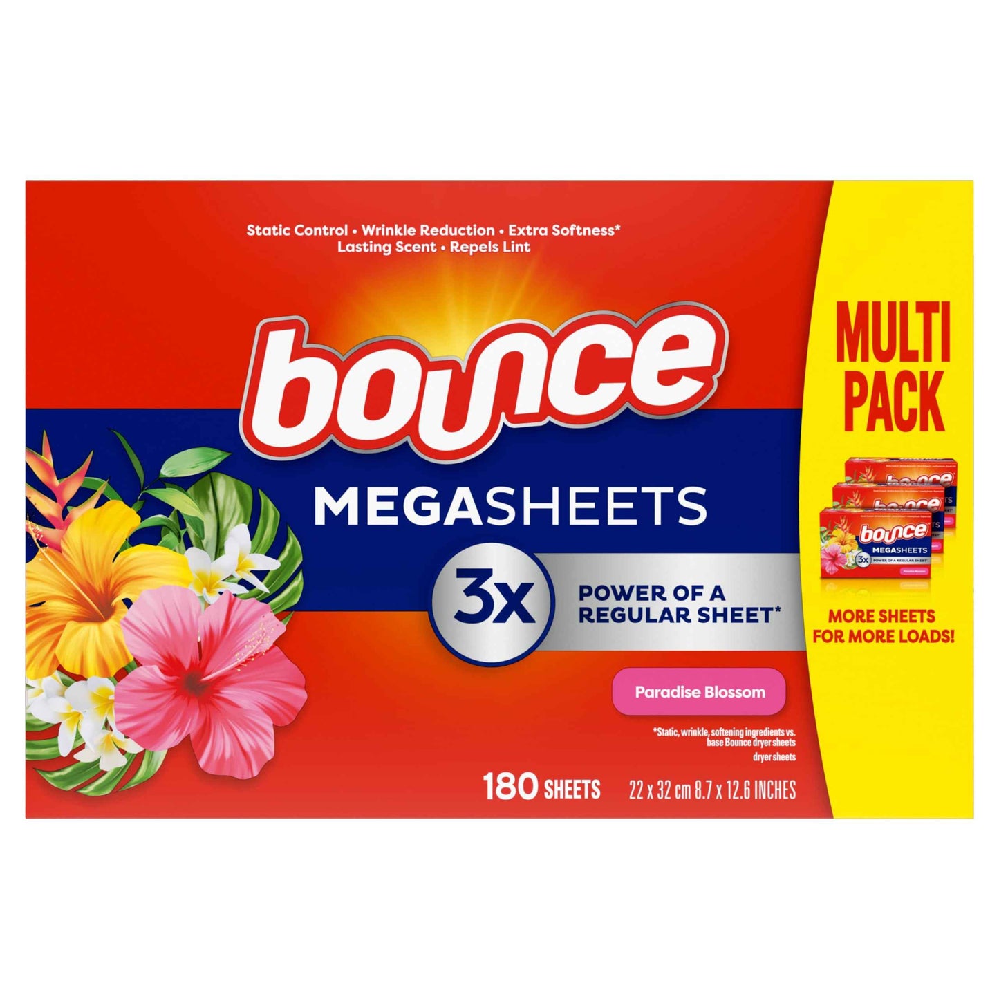 Bounce Mega Dryer Sheets, Paradise Blossom, Mega Fabric Softener Sheets with Static Control, Wrinkle Reduction, Extra Softness, Lasting Scent, Repels Lint