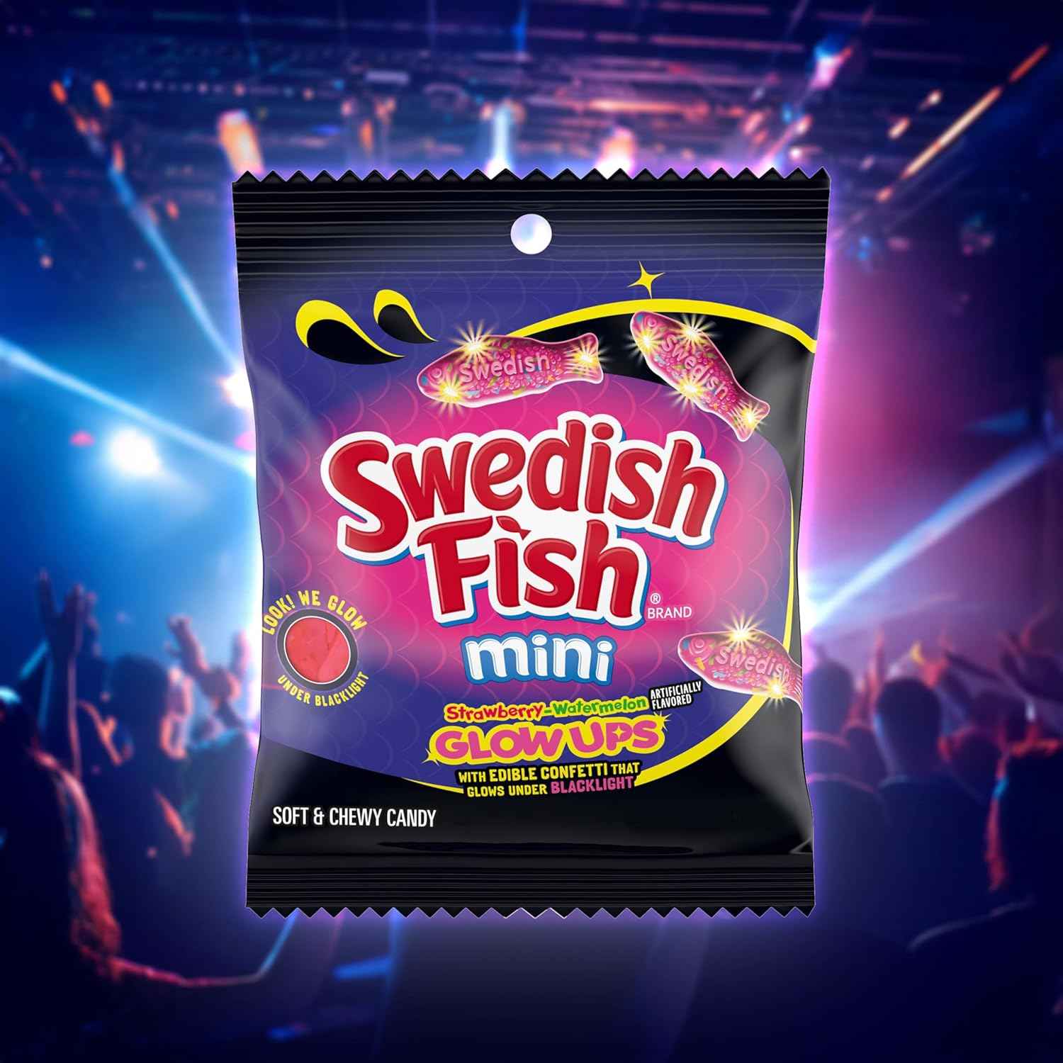 SWEDISH FISH Mini Glow Ups Strawberry-Watermelon Soft & Chewy Gummy Candy, Bulk Candy, 12-3.08 oz Bags