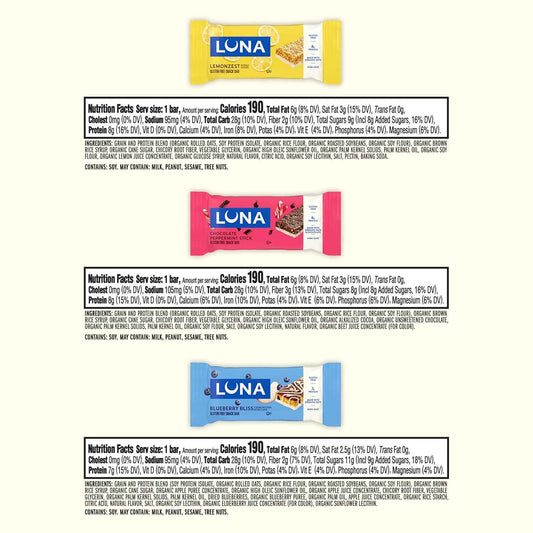 LUNA Bar - Variety Pack - 6 Flavors - Gluten Free Snack Bars - Non-GMO - Protein Bars - Made with Organic Oats (12 Pack)