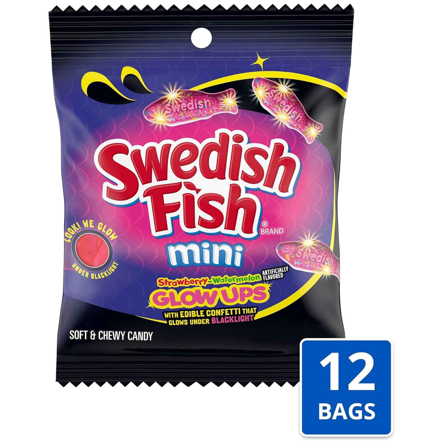 SWEDISH FISH Mini Glow Ups Strawberry-Watermelon Soft & Chewy Gummy Candy, Bulk Candy, 12-3.08 oz Bags