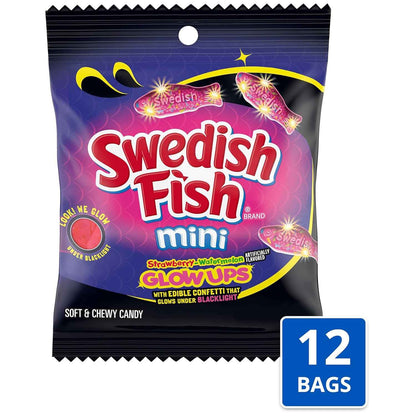 SWEDISH FISH Mini Glow Ups Strawberry-Watermelon Soft & Chewy Gummy Candy, Bulk Candy, 12-3.08 oz Bags