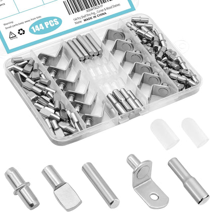 144_Pcs_Shelf_Pins_Pegs_Kit,5_Styles_Metal_Shelf_Support_Pegs,Cabinet_Pegs_for_Shelves,Dual_Diameter_Shelf_Pins_with_Silicone_Covers,Shelf_Bracket_Holders_for_Furniture_Glass_Corner_&_Wood_Shelves