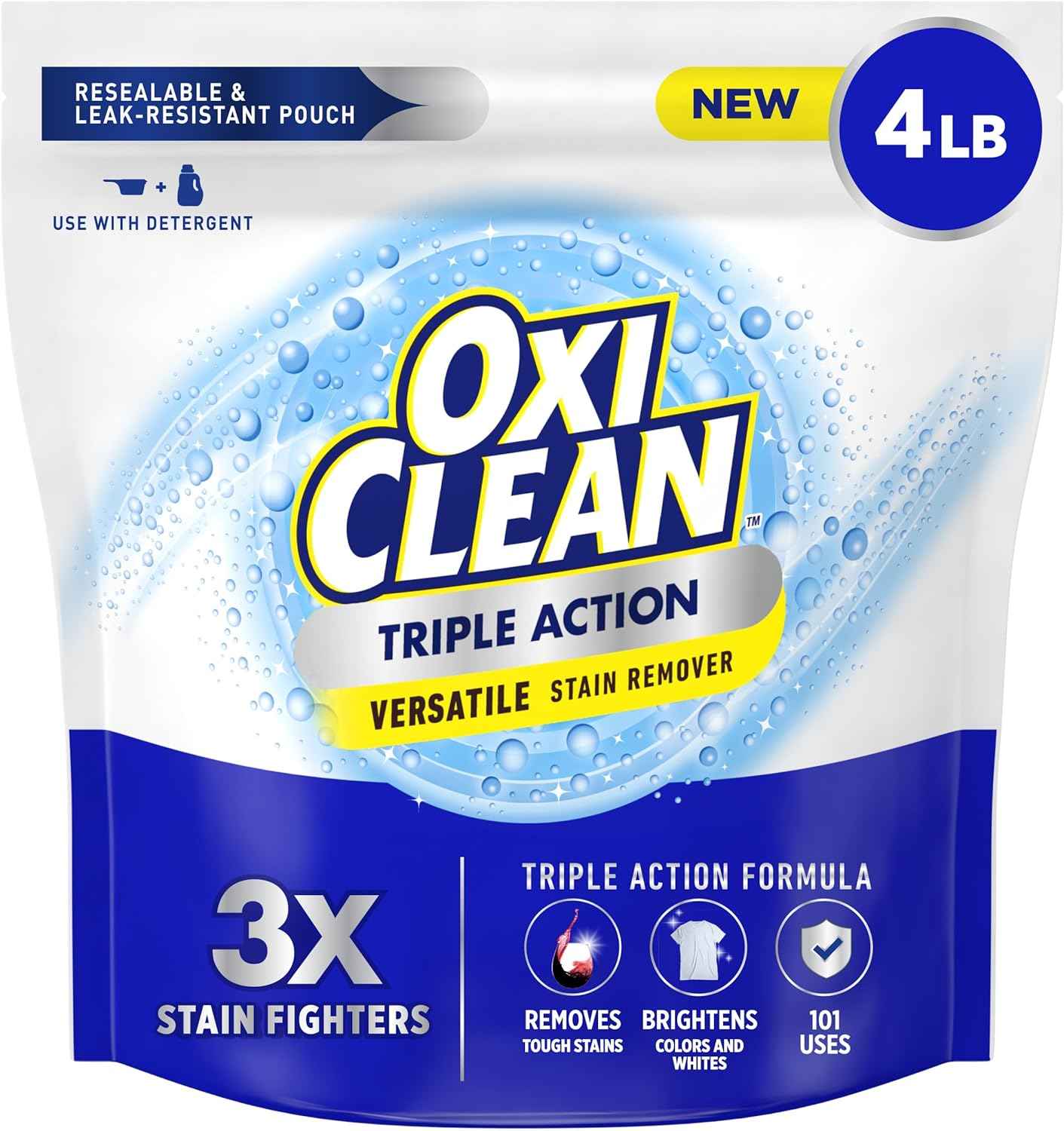 OxiClean Triple Action Versatile Stain Remover Powder, Use with Detergent, Removes Tough Stains like Grease, Blood and Grass, Brightens Colors and Whites, Chlorine Free