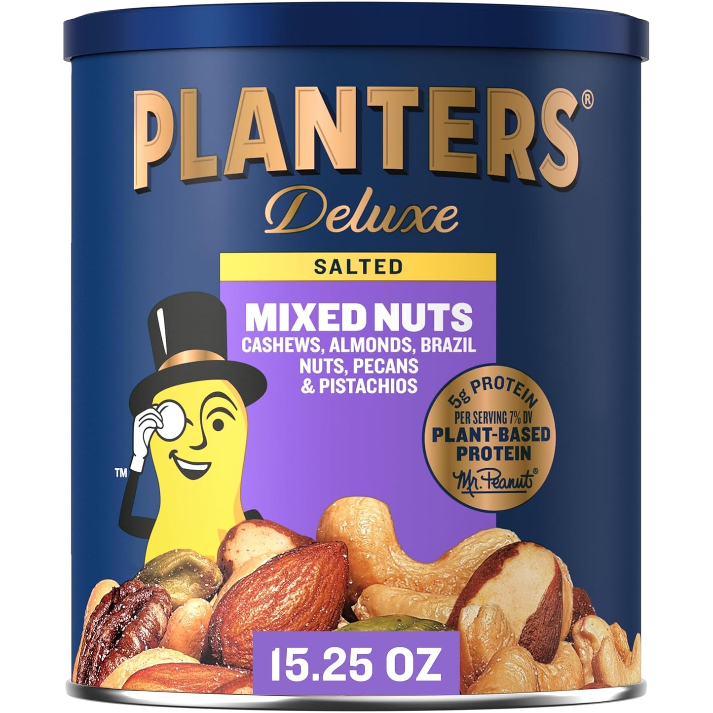 PLANTERS_Deluxe_Mixed_Nuts_-_Roasted_Cashews,_Almonds,_Brazil_Nuts,_Pistachios,_and_Pecans,_Plant-Based_Protein,_Quick_Snack,_15.25oz_Canister