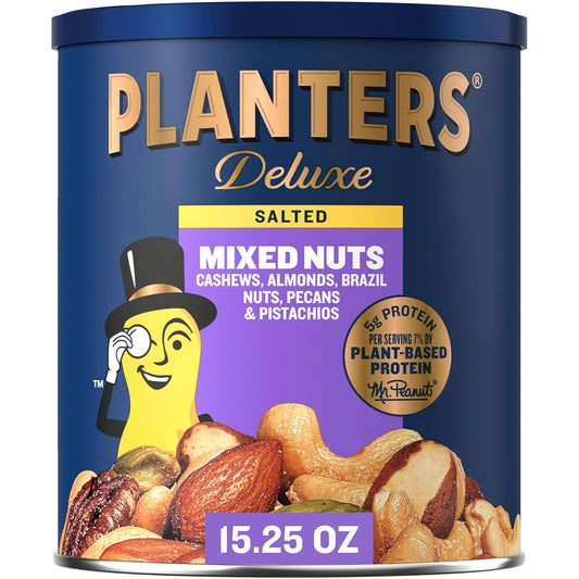 PLANTERS_Deluxe_Mixed_Nuts_-_Roasted_Cashews,_Almonds,_Brazil_Nuts,_Pistachios,_and_Pecans,_Plant-Based_Protein,_Quick_Snack,_15.25oz_Canister