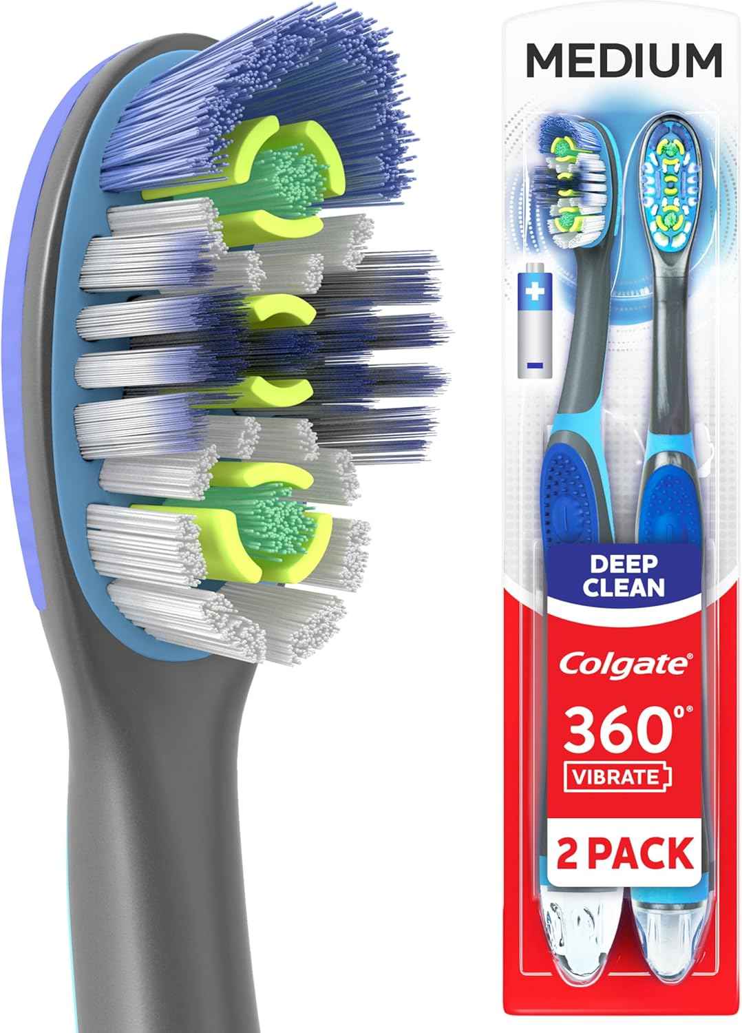 Colgate 360 Vibrate Deep Clean Battery Powered Electric Toothbrush with Medium Bristles, 2 Pack, Sonic Powered