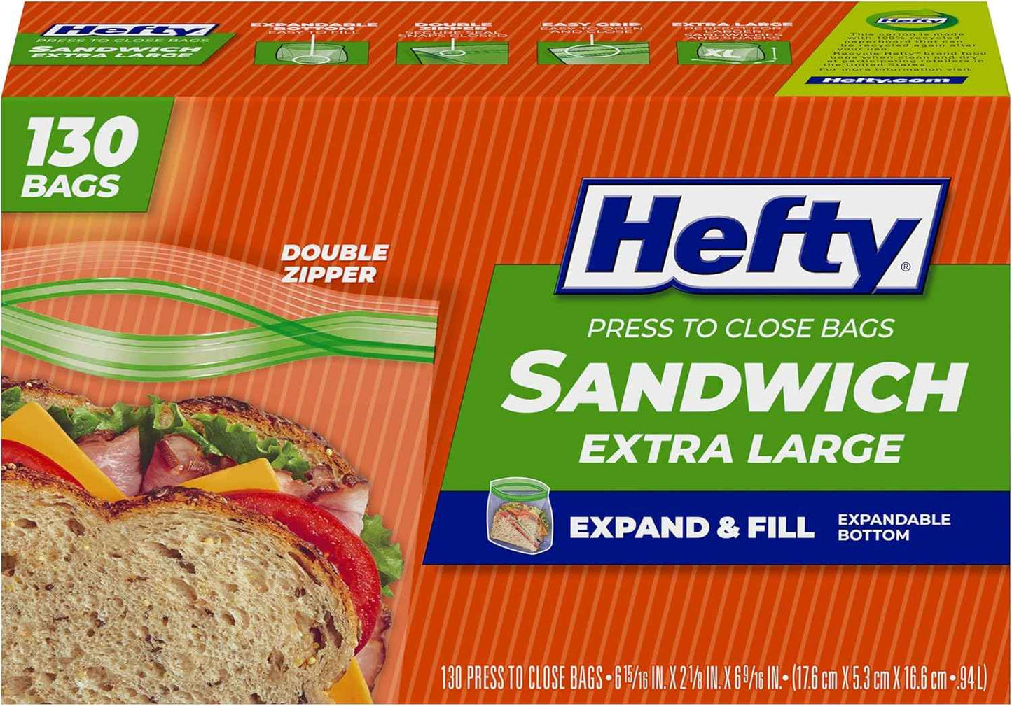Hefty XL Press to Close Plastic Sandwich Expand and Fill Food Storage Bags