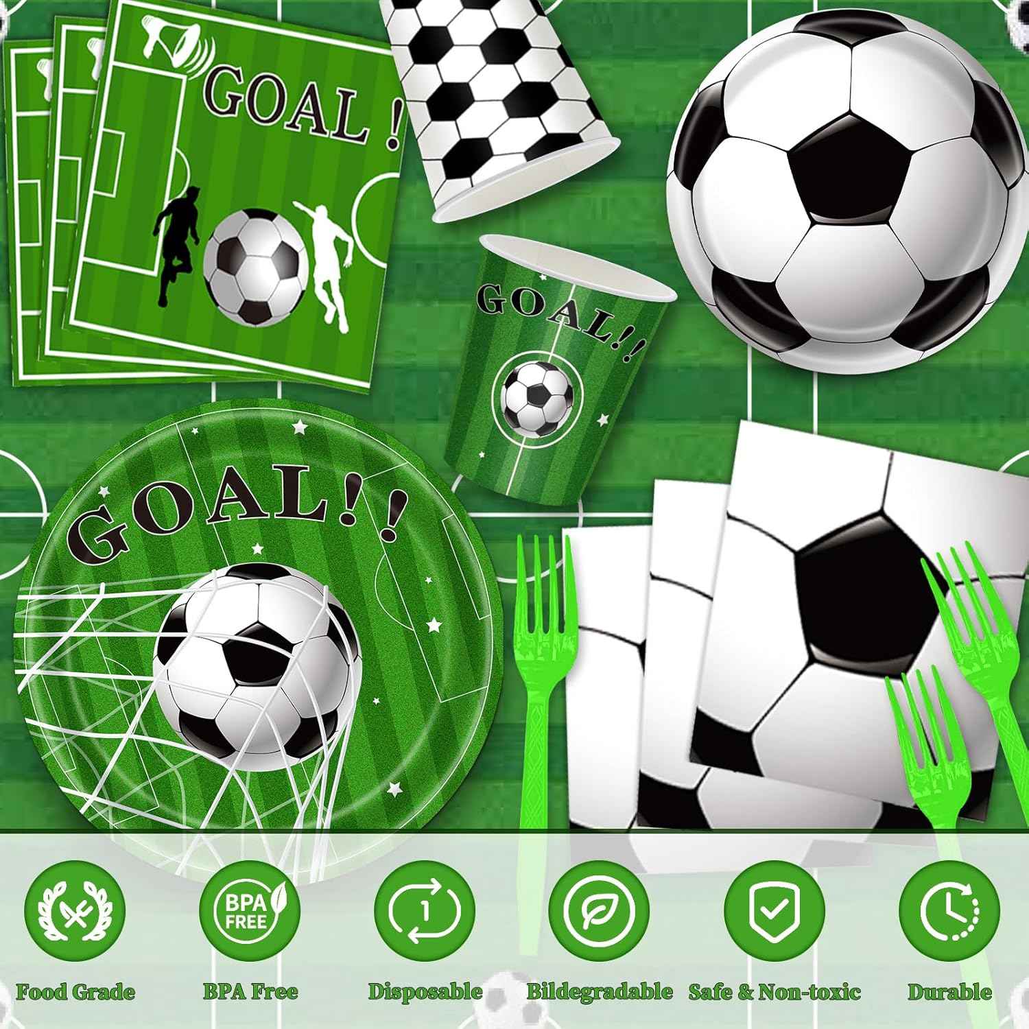 Soccer Party Decorations, 143Pcs Soccer Birthday Party Supplies-Serves 24 with Plates and Napkins Tablecloth and Birthday Banner Balloons for Soccers Sports Theme Birthdays Decorations