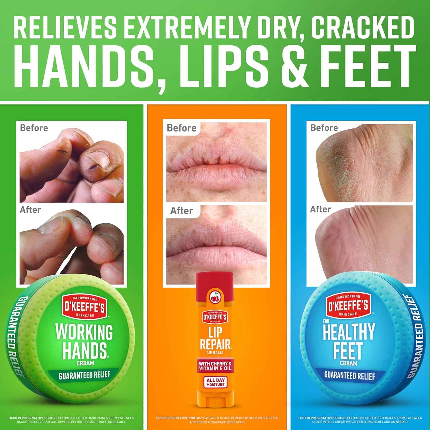 O'Keeffe's Giftbox Including Lip Repair with Cherry and Vitamin E Oil Stick, Working Hands Jar and Healthy Feet Jar, Gift Idea for Moms, Fathers, Caretakers, and More