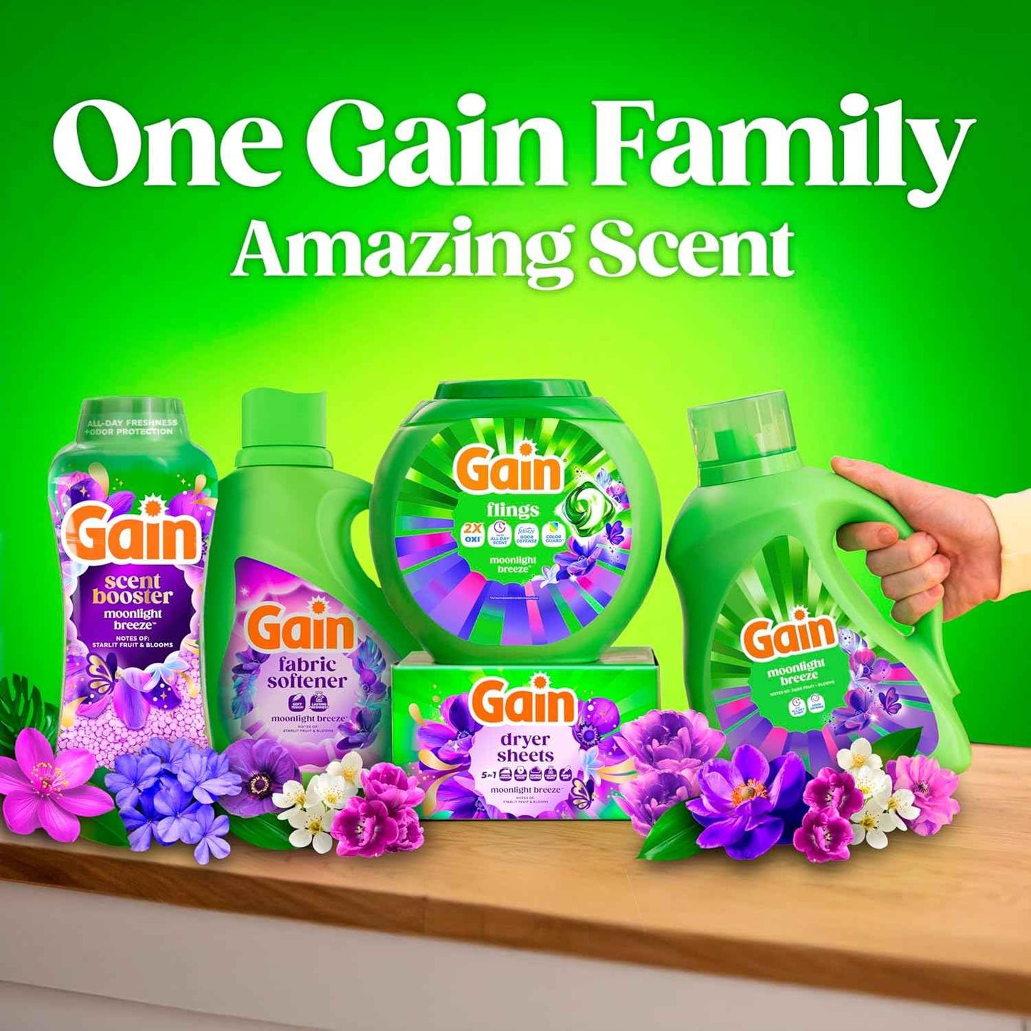 Gain Flings Liquid Washing Detergent Pacs with Odor Defense + Color Guard, Moonlight Breeze Scent, 4-In-1 Liquid Laundry Detergent Pods, Clean & Fresh