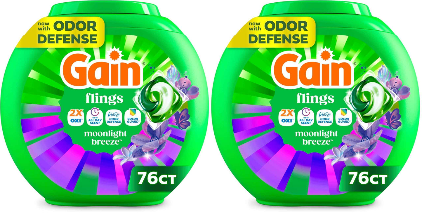 Gain Flings Liquid Washing Detergent Pacs with Odor Defense + Color Guard, Moonlight Breeze Scent, 4-In-1 Liquid Laundry Detergent Pods, Clean & Fresh