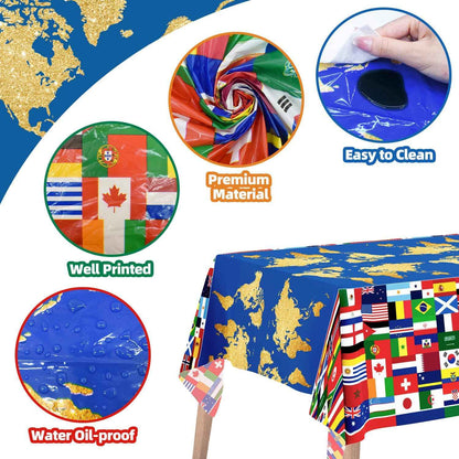 3World Cup Flag Tablecloth International Country Flag Decorations, Disposable Plastic Table Cover for Soccer World Cup Party,Games, Patriotic BBQ, Birthday, Outdoor Picnic Supplies