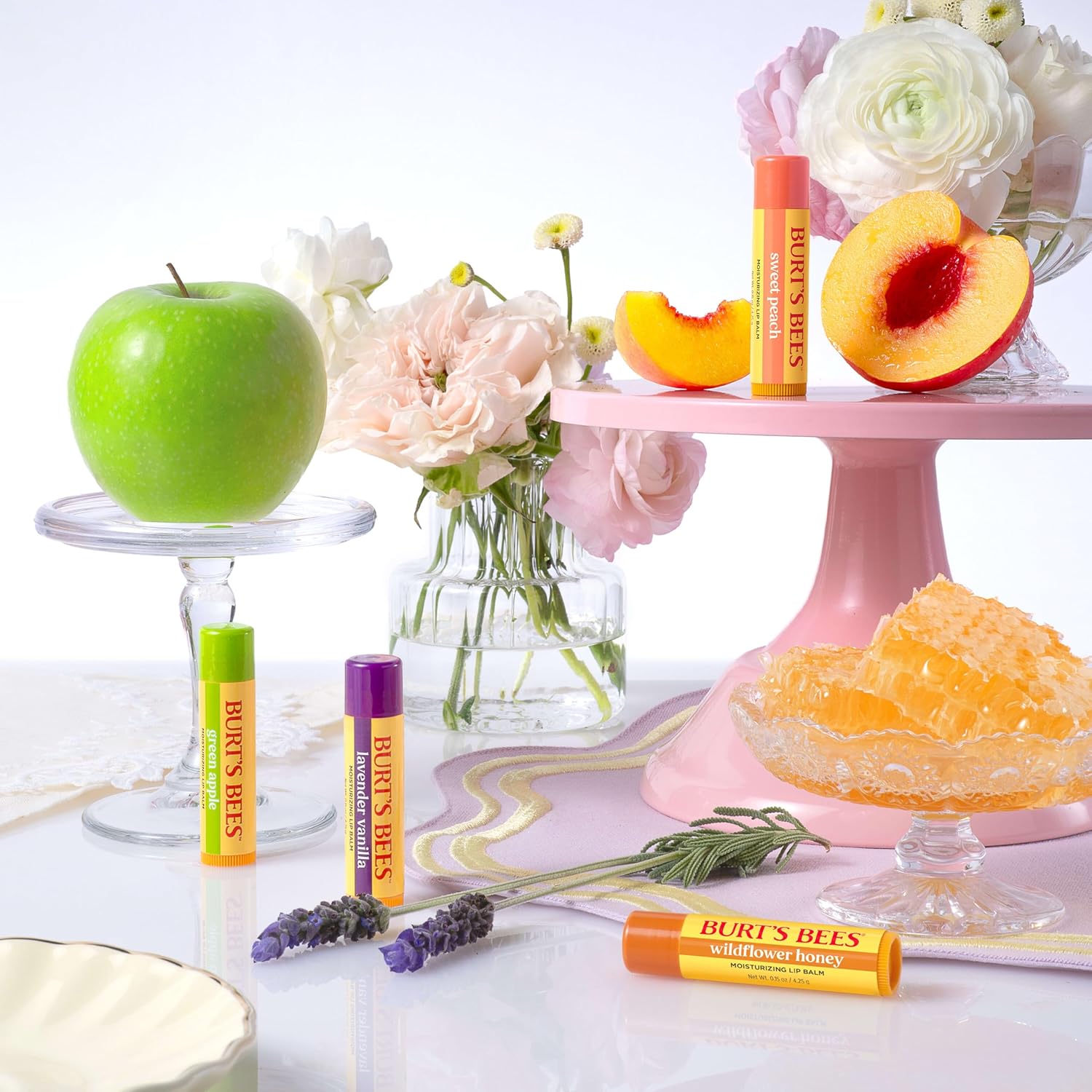 Burt's_Bees_4_Pack_Lavender_Vanilla,_Sweet_Peach,_Green_Apple,_Wildflower_Honey;_24_Hour_Moisture_Moisturizing_Lip_Balm,_100%_Natural_Origin,_Mother's_Day_Gift,_4_Tubes,_0.15_oz