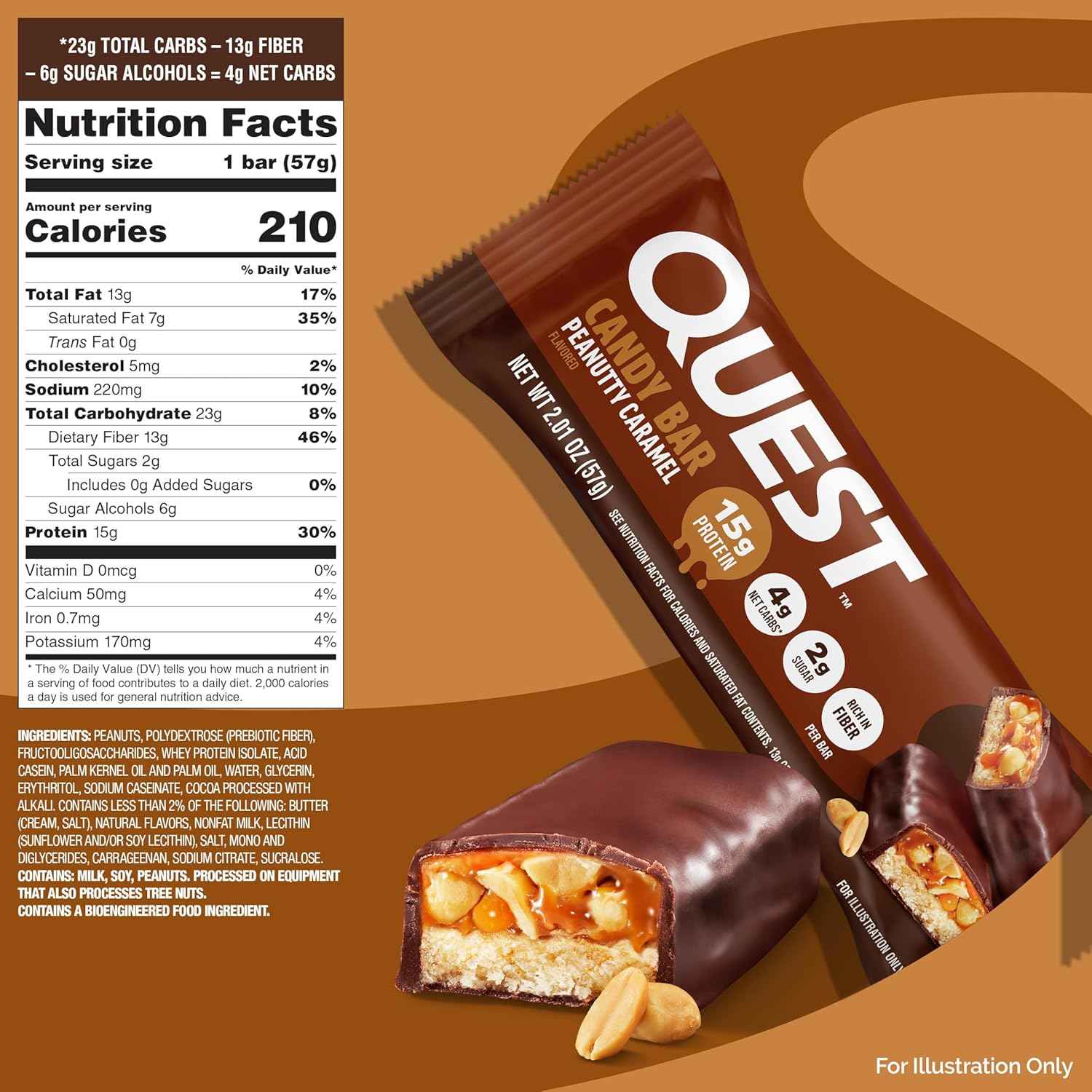 Quest Nutrition Protein Bar, Peanutty Caramel Flavor, 15g Protein, 2g Sugar, Low Sugar, Gluten Free, 12 Count