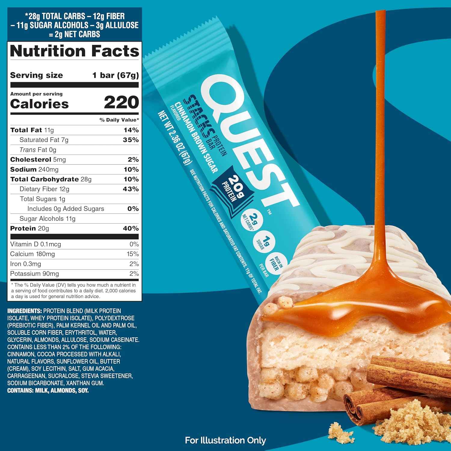 Quest Nutrition Stacks Protein Bars, 20g Protein, 2g Net Carbs, 1g Sugar, High Fiber, Low Sugar, Gluten Free, 12 Count
