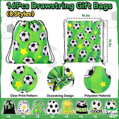 Miucat 98Pcs Soccer Party Favors, Soccer Goodie Bags with Silicone Bracelet Soccer Whistles Stickers Drawstring Bags Gift Snack Bag for Soccer Party Decorations Party Supplies
