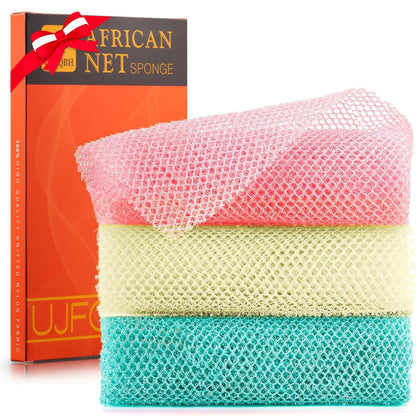 UJFQBH 3 Pieces African Net Sponge, African exfoliating net African Net Long Net Bath Sponge Exfoliating Shower Body Scrubber Back Scrubber Skin Smoother（Pink, Green, Off-White）