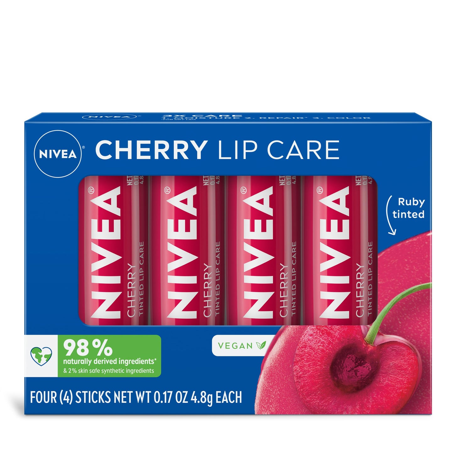 NIVEA Cherry Lip Care, Ruby Tinted Lip Balm Pack with Shea Butter, Nourishing Oils and Vitamin C &amp;amp; E, 3-in-1 Moisture, Repair and Color, 0.17 Oz Stick, Pack of 4