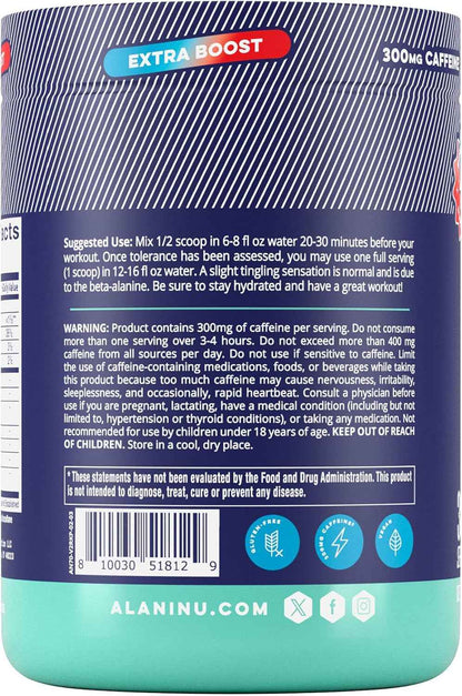 Alani Nu Pre Workout+ Powder, Extra Boost, Sugar Free, 300mg Caffeine, L-Theanine, Beta-Alanine, Citrulline, 30 Servings