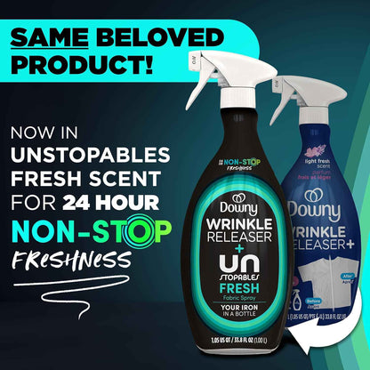 Downy Wrinkle Releaser Spray, All In One Wrinkle Release Spray, Odor Eliminator, Static Remover, Fabric Refresher & Ironing Aid for Clothes, 33.8 Fl Oz, Unstopables Fresh Scent