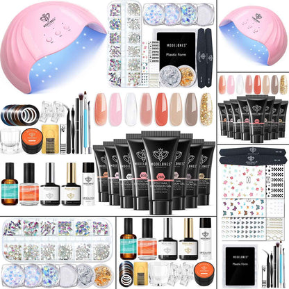 Modelones Poly Gel Nail Kit 3 Colors White Apricot with Slip Solution Dual Nail Forms Top Base Coat Extension Builder Gel Enhancement Professional Starter Kit DIY Nail Art Salon Use