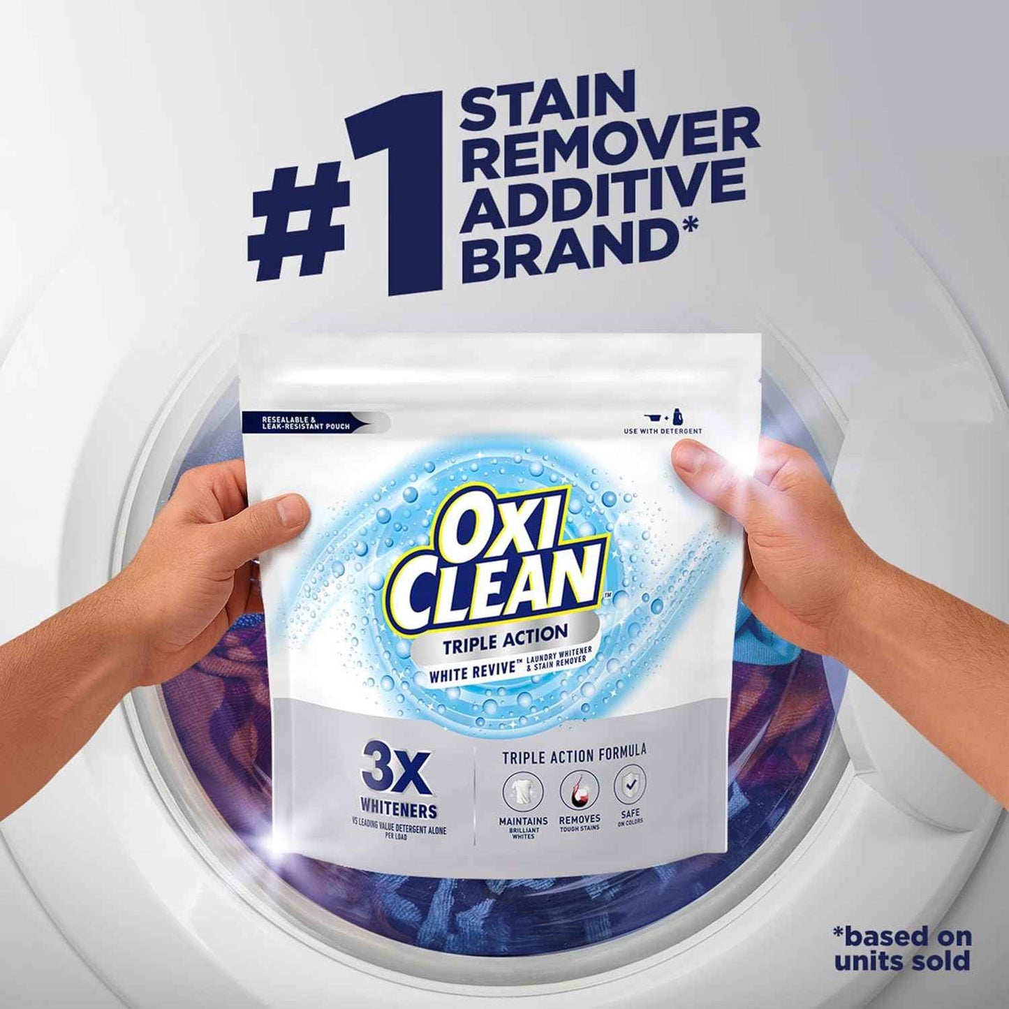 OxiClean Triple Action White Revive Laundry Whitener and Stain Remover Powder, Use with Detergent, Whitens and Brightens Clothes, Removes Tough Stains, Color Safe, Chlorine Free