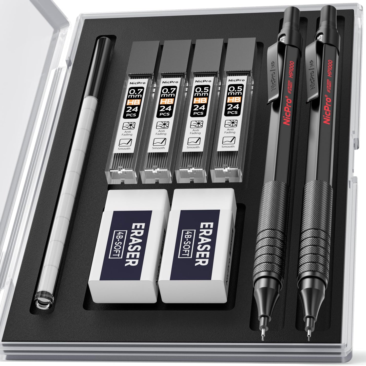 Nicpro 2 PCS Mechanical Pencil 0.5mm &amp;amp; 0.7 mm with Case, MP1000 Metal Artist Pencil Set with 4 Tubes HB Lead Refills, 2 Erasers, 9 Eraser Refills For Art Writing Drafting, Drawing, Sketch, Black