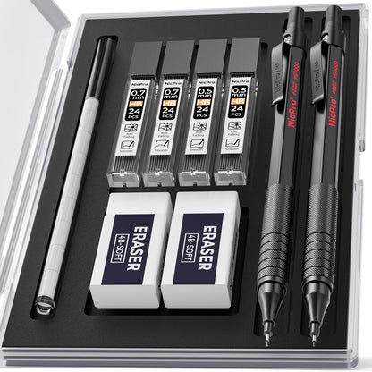 Nicpro 2 PCS Mechanical Pencil 0.5mm &amp;amp; 0.7 mm with Case, MP1000 Metal Artist Pencil Set with 4 Tubes HB Lead Refills, 2 Erasers, 9 Eraser Refills For Art Writing Drafting, Drawing, Sketch, Black
