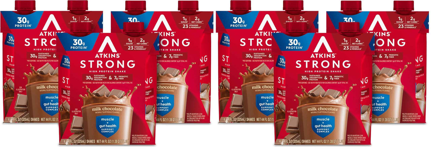 Atkins Strong High Protein Shake, 30g Protein, 7g Prebiotic Fiber, 1g Sugar, GLP-1 Support, Muscle & Gut Health Support Complex
