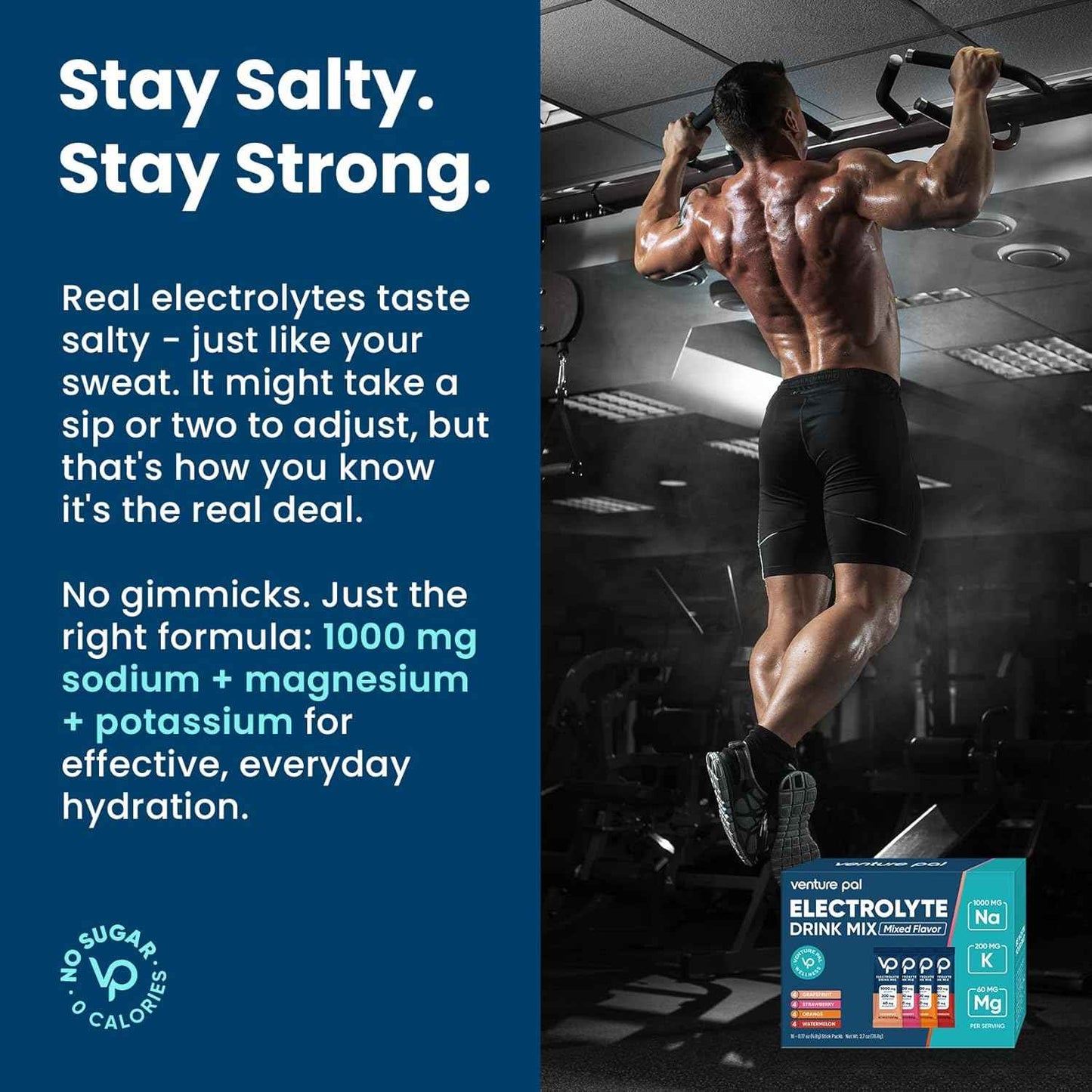 Venture Pal High Sodium Sugar Free Electrolytes Powder Packet - Hydration Packets with Vitamin, Sodium & Potassium | Zero Calories | Vegan, Keto & Paleo Friendly Electrolyte Drink Mix - 16 Sticks