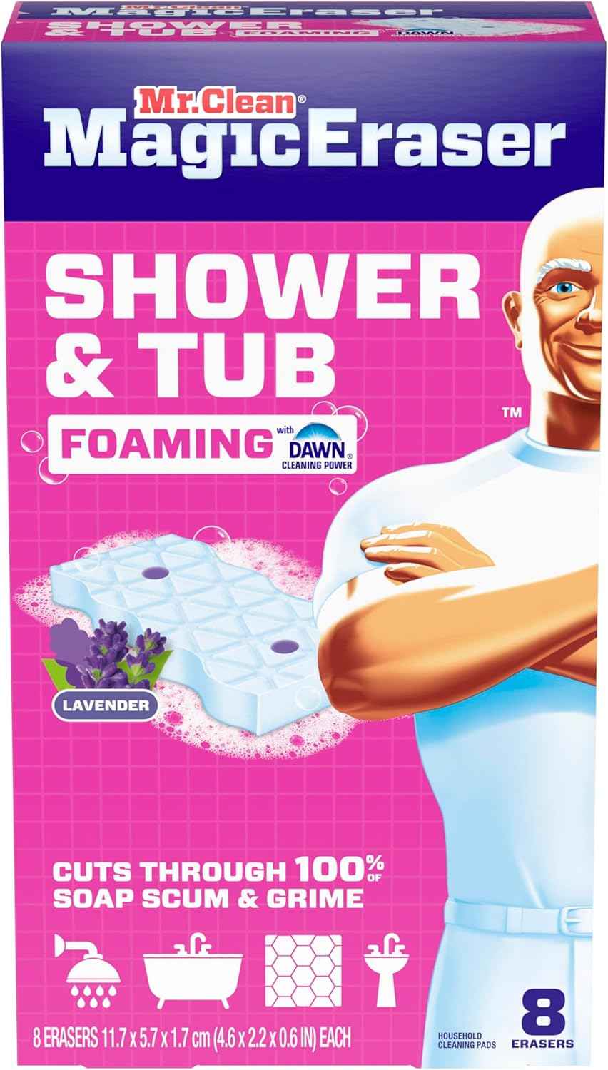 Mr. Clean Magic Eraser Sponge, Bathroom, Shower, Tub Cleaner, Soap Scum Remover, Bathroom Cleaning Supplies, Dawn Cleaning Power with Lavender Scent, Shower & Tub