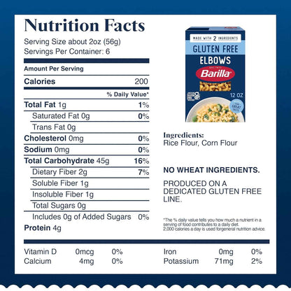 BARILLA Gluten Free Elbows Pasta, 12 Ounce - Non-GMO Gluten Free Pasta Made with 2 Ingredients