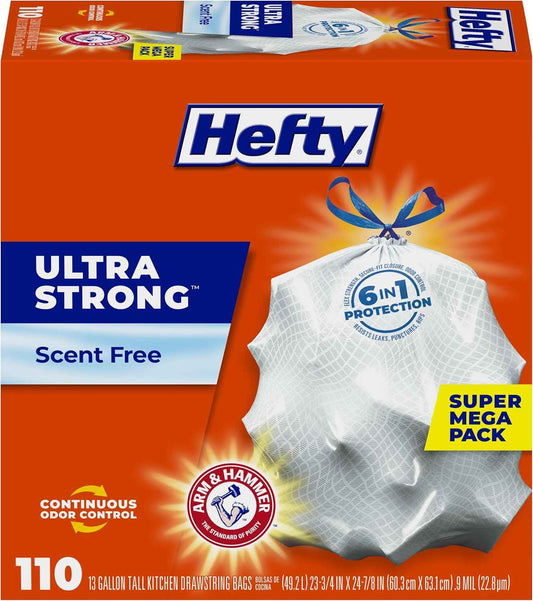 Hefty Ultra Strong 13 Gallon Trash Bags, Tall Kitchen Trash Bags 13 Gallon Size, Drawstring Closure, Continuous Odor Control, White, Unscented