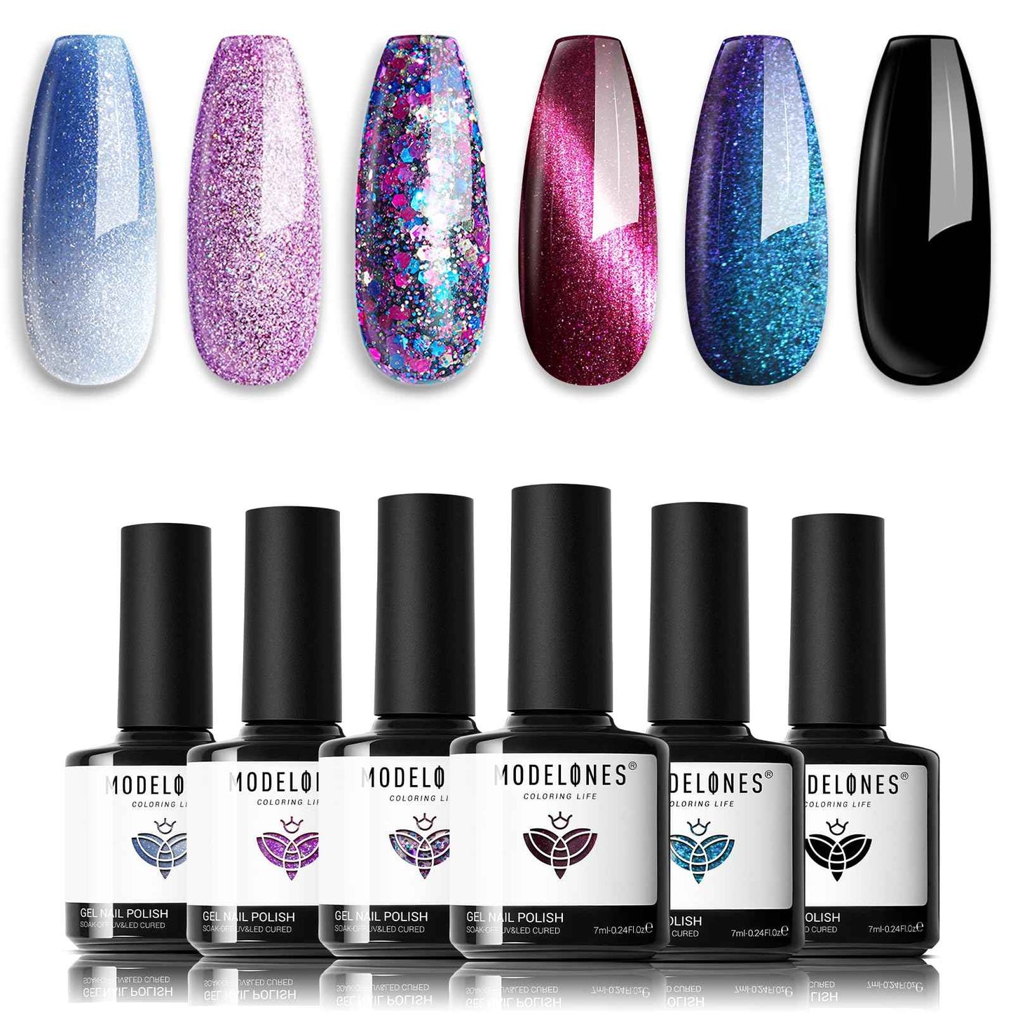 modelones Cat Eye Gel Nail Polish, 6 Colors Shimmer Pearl Magnetic Nail Drawing Set with Magnet, Iridescent Mermaid Swirl Shell Thread Purple Pink Blue Glitter, DIY Manicure Gift for Women Girl
