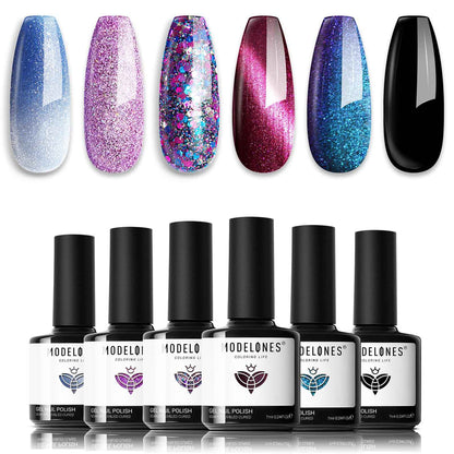 modelones Cat Eye Gel Nail Polish, 6 Colors Shimmer Pearl Magnetic Nail Drawing Set with Magnet, Iridescent Mermaid Swirl Shell Thread Purple Pink Blue Glitter, DIY Manicure Gift for Women Girl