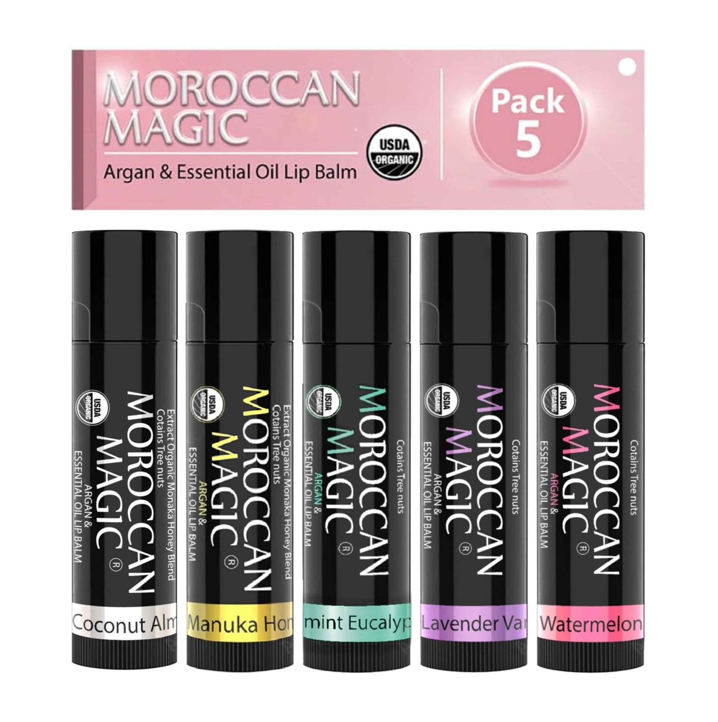 Moroccan Magic Organic Pure Coconut Lip Balm 3 Pack | Ultra-Hydrating Argan & Essential Oil Lip Moisturizer + Vitamin E | Natural Chapstick for Dry Lips | Smooth, Non-Toxic | Organic Lip Balm