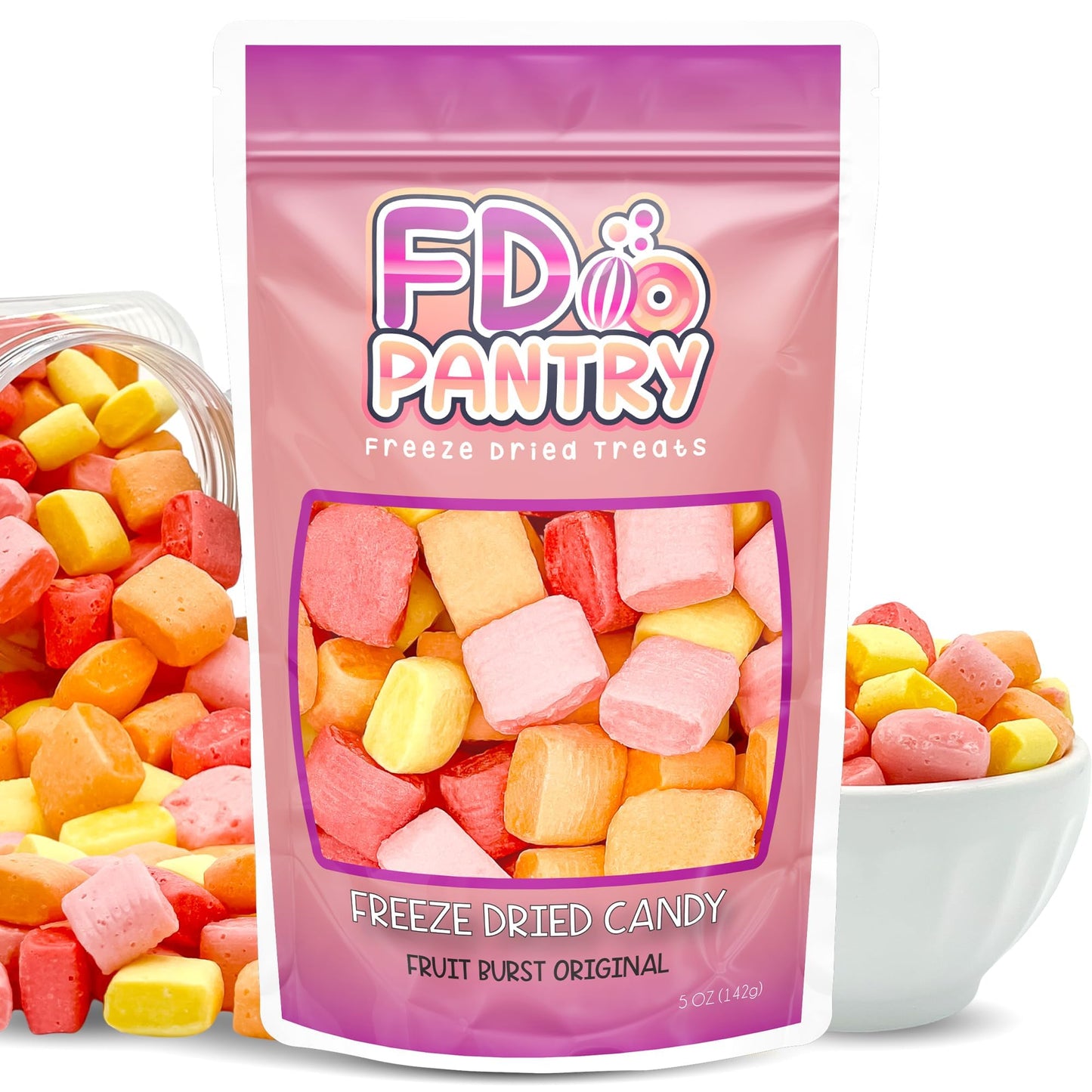 Freeze Dried Fruit Bursts Candy - Original Hard Candy Mix 5oz Treat Snack Gift Bag Cherry, Strawberry, Lemon, Orange Candies Freeze-Dried