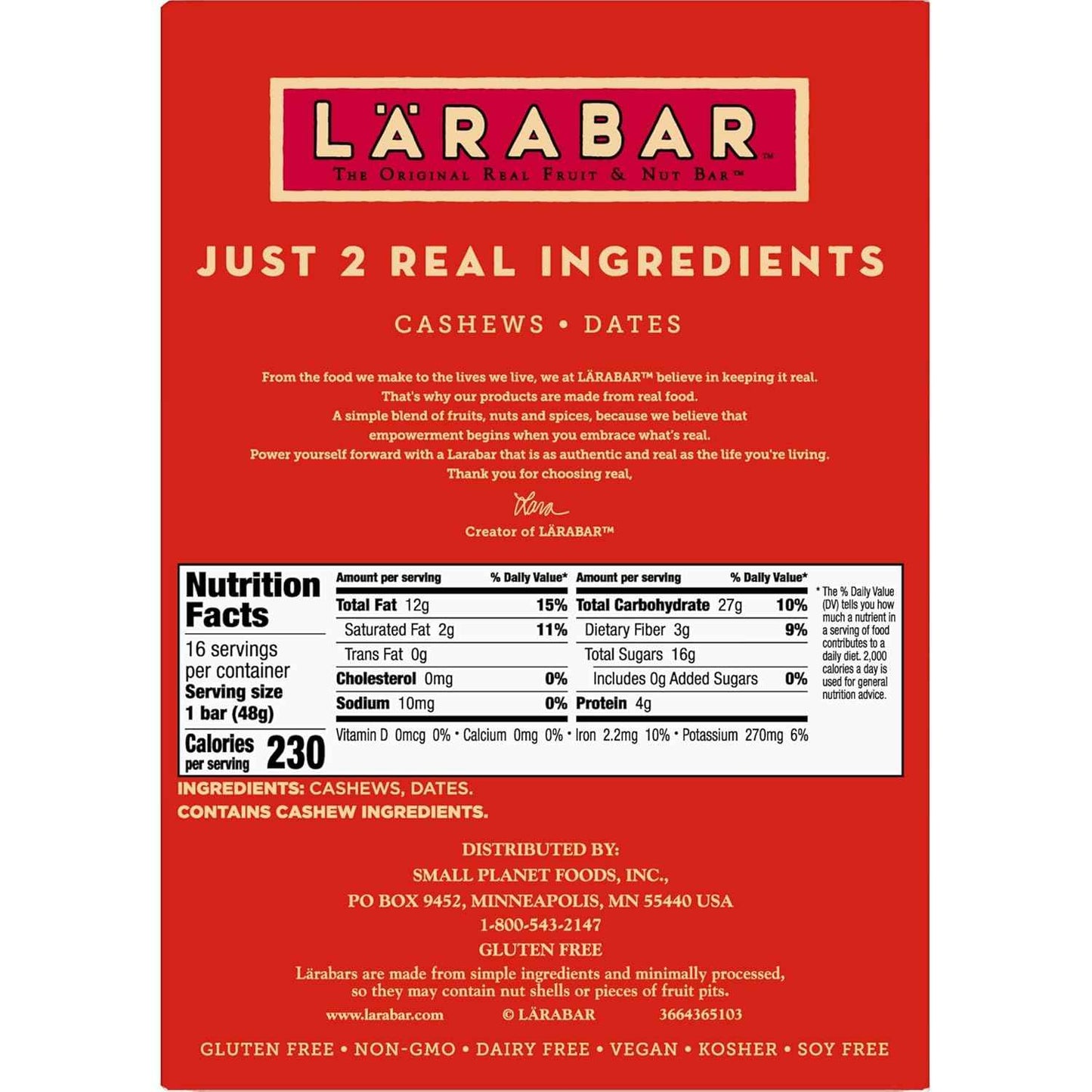 Larabar Cashew Cookie, Fruit and Nut Bars, Gluten Free and Vegan, 27.2 oz, 16 Ct