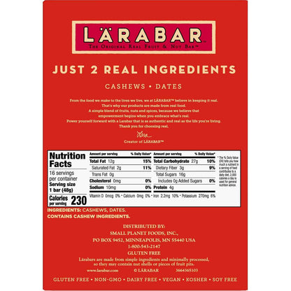 Larabar Cashew Cookie, Fruit and Nut Bars, Gluten Free and Vegan, 27.2 oz, 16 Ct